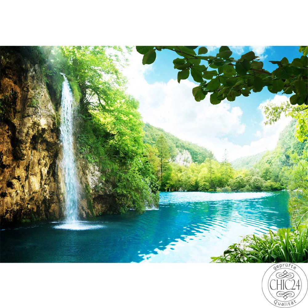 Vlies Fototapete no. 35 | Waterfall in Paradise Berge Tapete Wasserfall Lagune Paradies Berge See Wald Bume Landschaft grn
