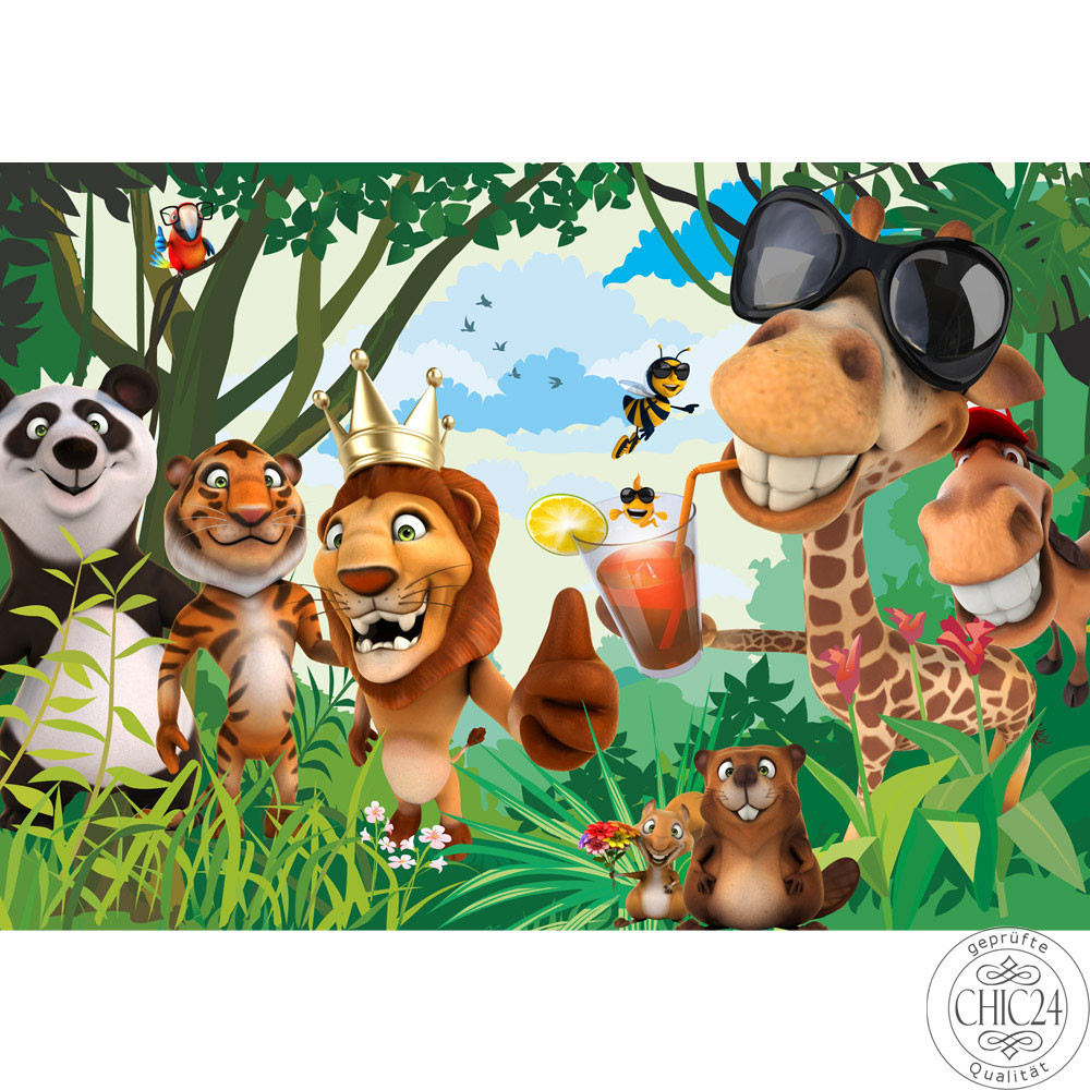Vlies Fototapete no. 87 | Jungle Animals Party II Kindertapete Tapete Kinderzimmer Zoo Tiere Safari Comic Party Dschungel bunt