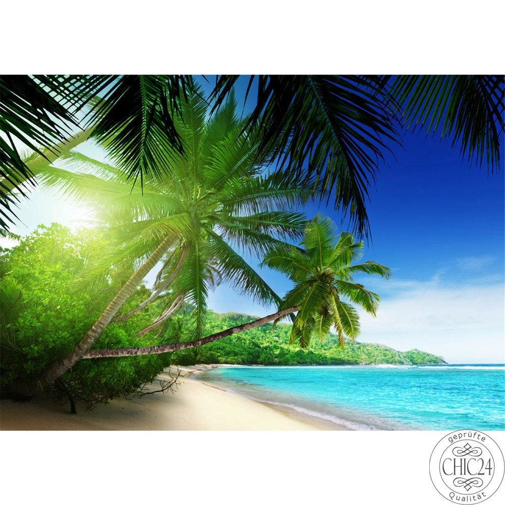 Vlies Fototapete no. 5 | Paradise Beach Strand Tapete Strand Meer Palmen Beach 3D Ozean Palme blau
