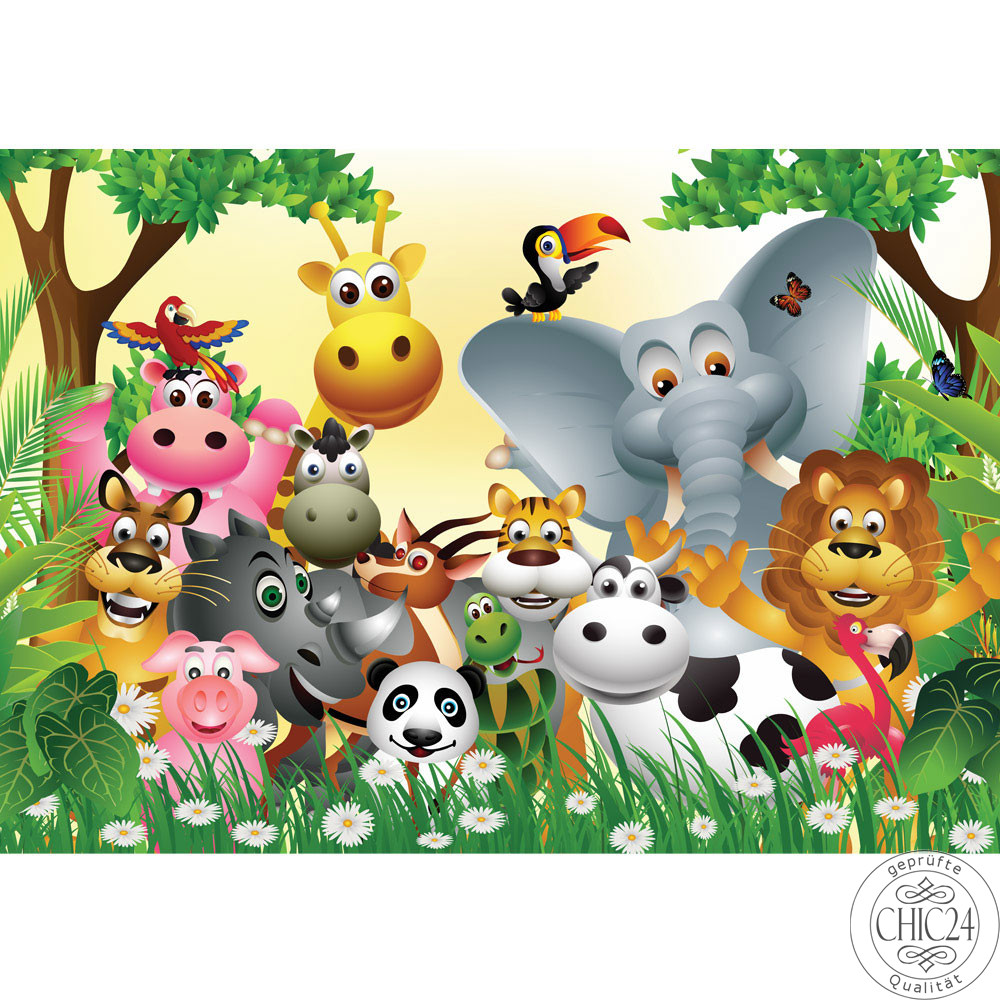 Vlies Fototapete no. 13 | Jungle Animals Party Kindertapete Tapete Kinderzimmer Dschungel Zoo Tiere Giraffe Lwe Affe bunt