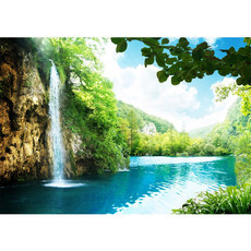 Vlies Fototapete no. 35 | Waterfall in Paradise Berge Tapete Wasserfall Lagune Paradies Berge See Wald Bume Landschaft grn