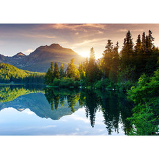 Vlies Fototapete no. 51 | Mountain Lake View Landschaft Tapete Berge See Sonnenuntergang Romantisch Bume Wald blau