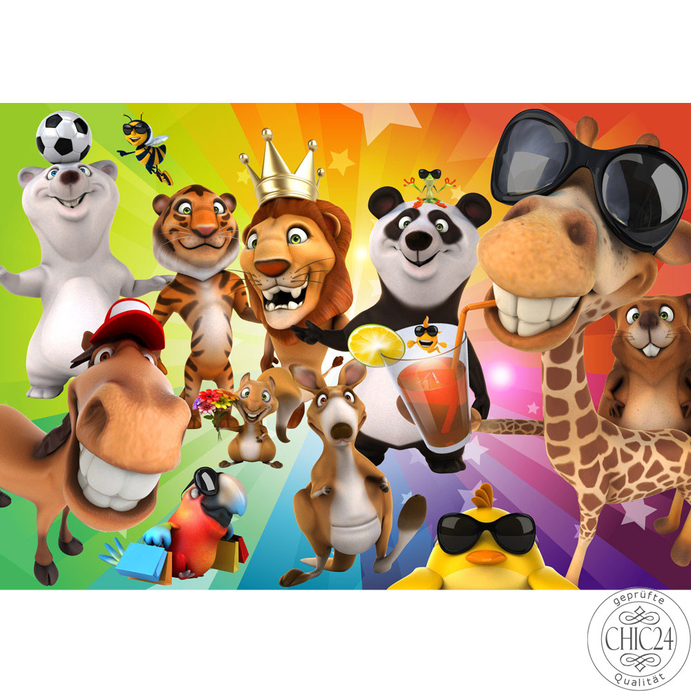 Vlies Fototapete no. 88 | Safari Party Animals Kindertapete Tapete Kinderzimmer Zoo Tiere Safari Comic Party Dschungel bunt