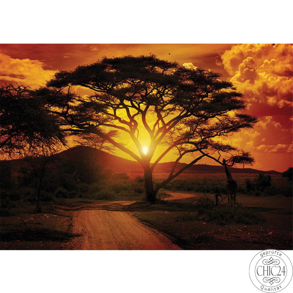 Vlies Fototapete no. 284 | Sonnenuntergang Tapete Sonnenuntergang Baum Weg Afrika Giraffe Romantik Abenddmmerung Orange orange