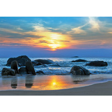 Vlies Fototapete no. 453 | Meer Tapete Strand Felsen Meer Wellen Sonnenuntergang blau