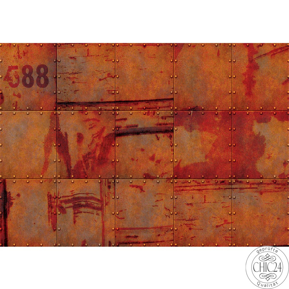 Vlies Fototapete no. 826 | 3D Tapete Abstrakt Wand Platten Zahlen Rost Nieten Design 3D rot