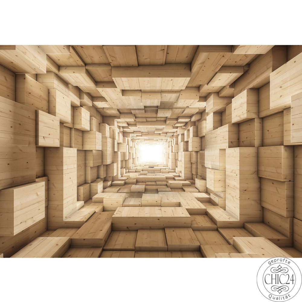 Vlies Fototapete no. 944 | 3D Tapete Abstrakt Holz Kasten Kisten Rechteck Tunnel 3D braun