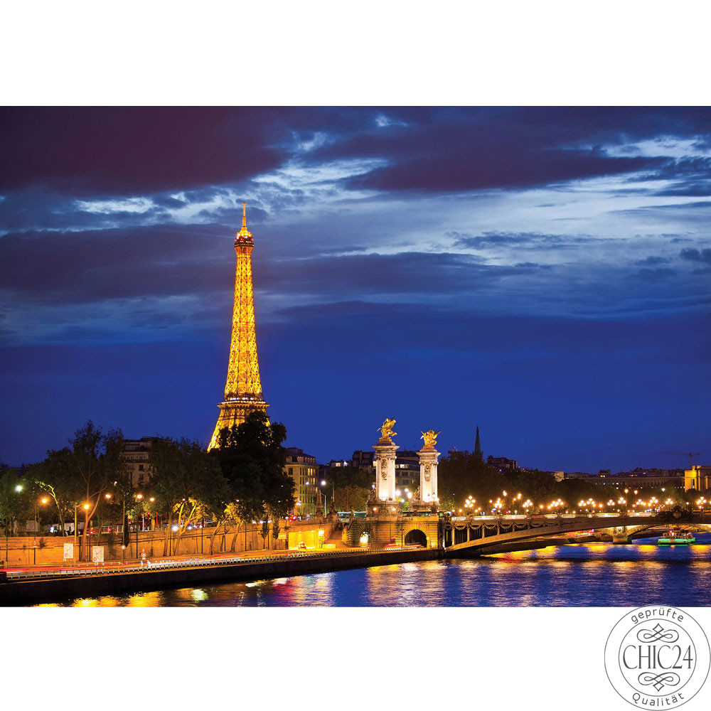 Vlies Fototapete no. 983 | Skylines Tapete Paris Eifelturm Fluss Nacht Lightning Skyline Stadt Panorama gelb
